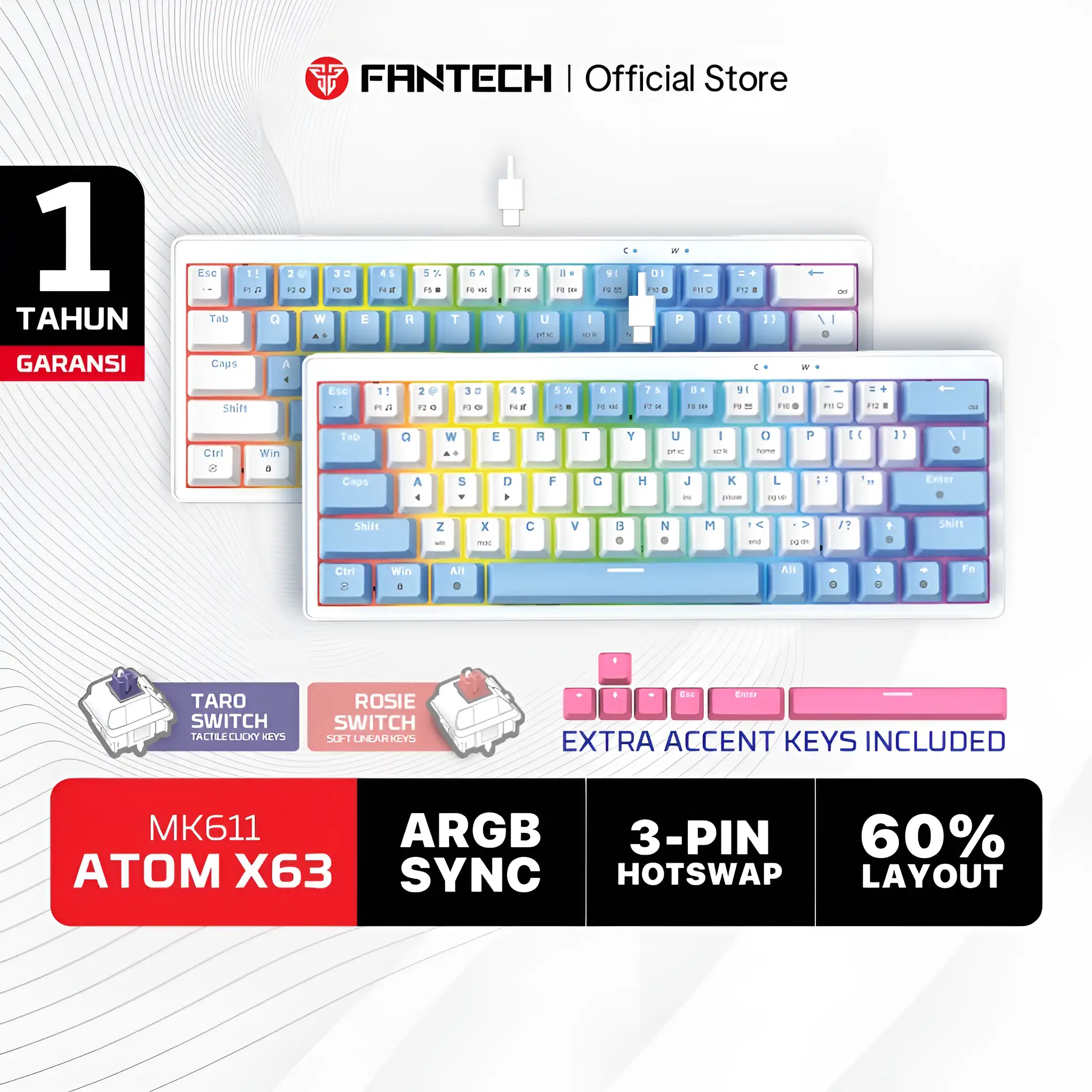 FANTECH KEYBOARD ATOM X 63 MK611 MECHA WHITE BLUE - TARO SWITCH
