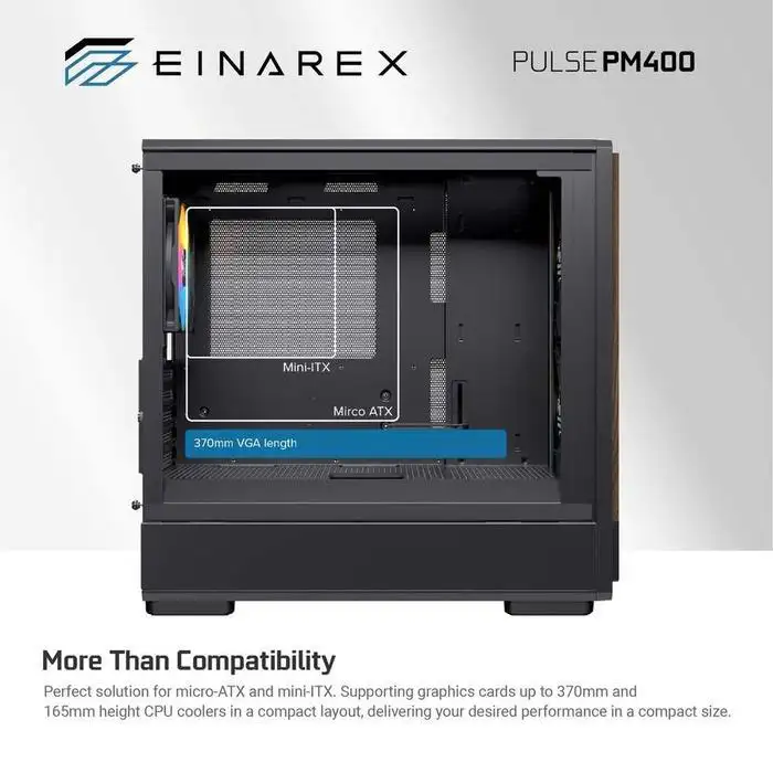 EINAREX Pulse PM400 Black mATX Motif Kayu + 1 Fan + VGA Holder