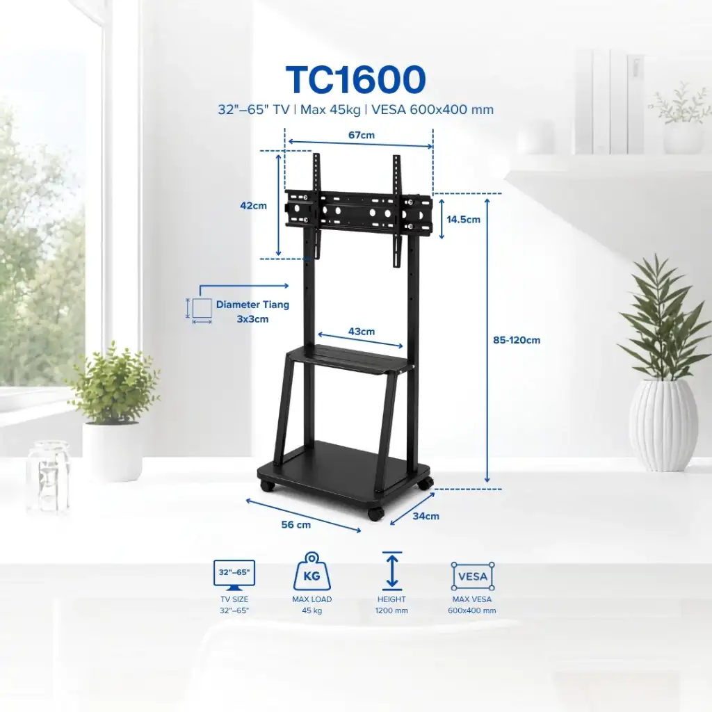 OXIMUS TC1600 Braket TV Standing Roda Portable 32" - 65" max 45kg (black)