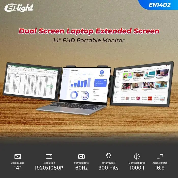 LED ENLIGHT EN14D2 Dual 14" FHD Portable Monitor With Laptop Docking