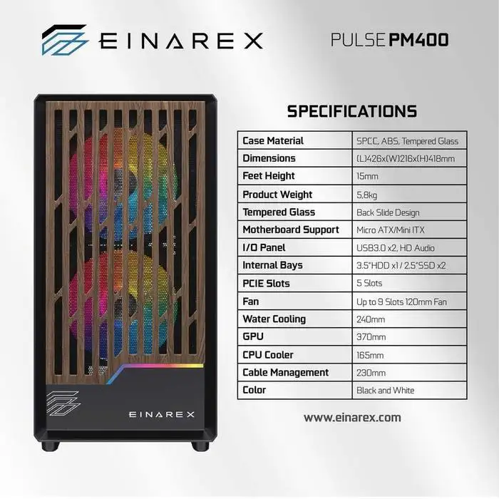EINAREX Pulse PM400 Black mATX Motif Kayu + 1 Fan + VGA Holder