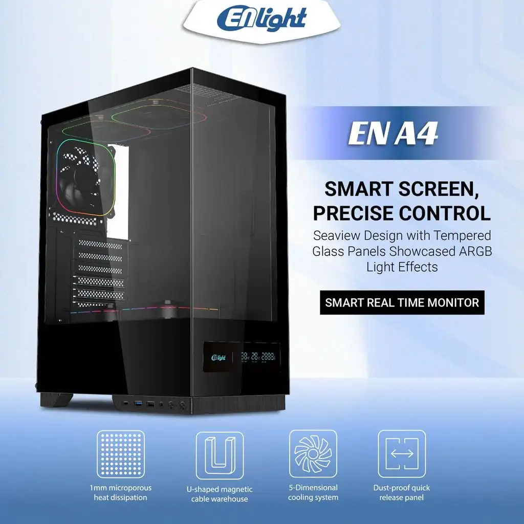 ENLIGHT A4 TEMPER BLACK ATX + Digital Display + 3 Fan Avalon X / Nova (aRGB)