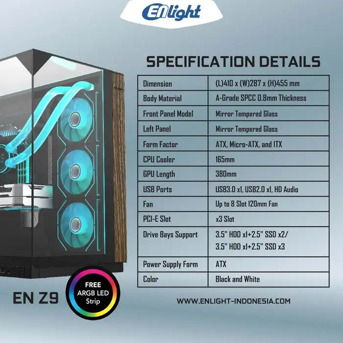 ENLIGHT Z9 WHITE + Wood + Led Strip ATX Seaview 3 Side temper Glass
