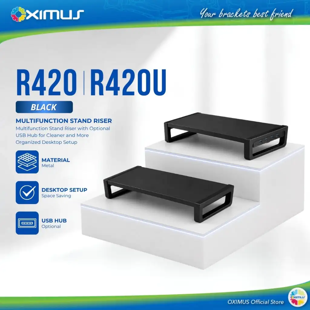 OXIMUS R420 Monitor Stand Riser Metal 20x50x8cm 16"-34" 20Kg (Black)