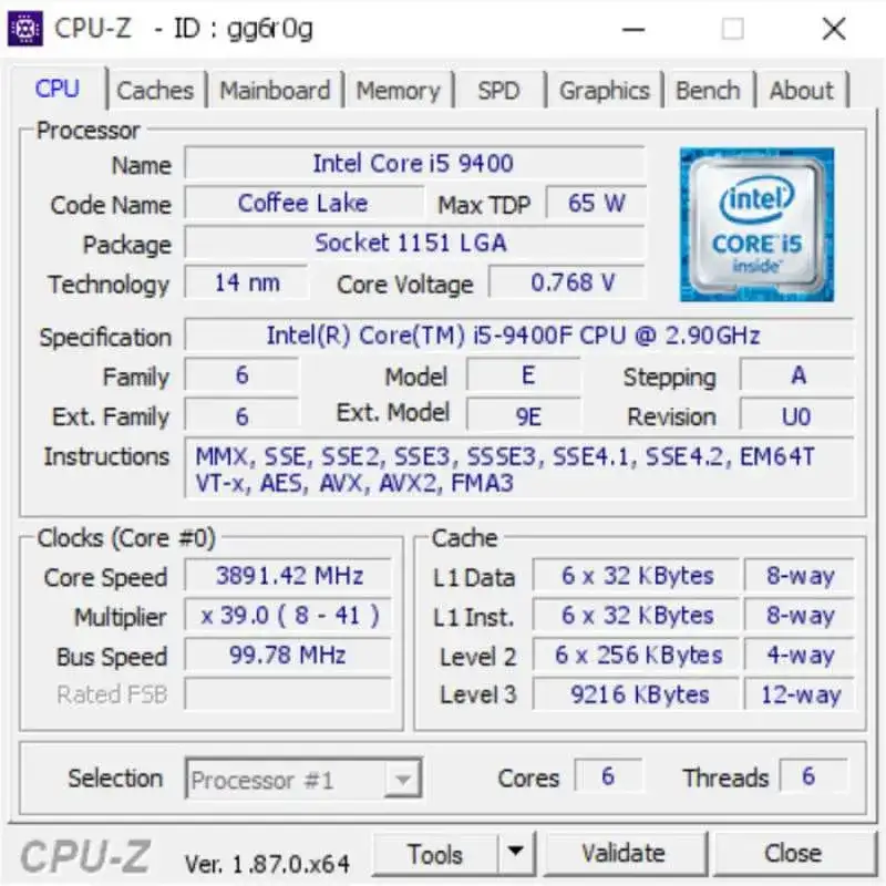 Intel Core i5 9400 Tray No Fan LGA 1151