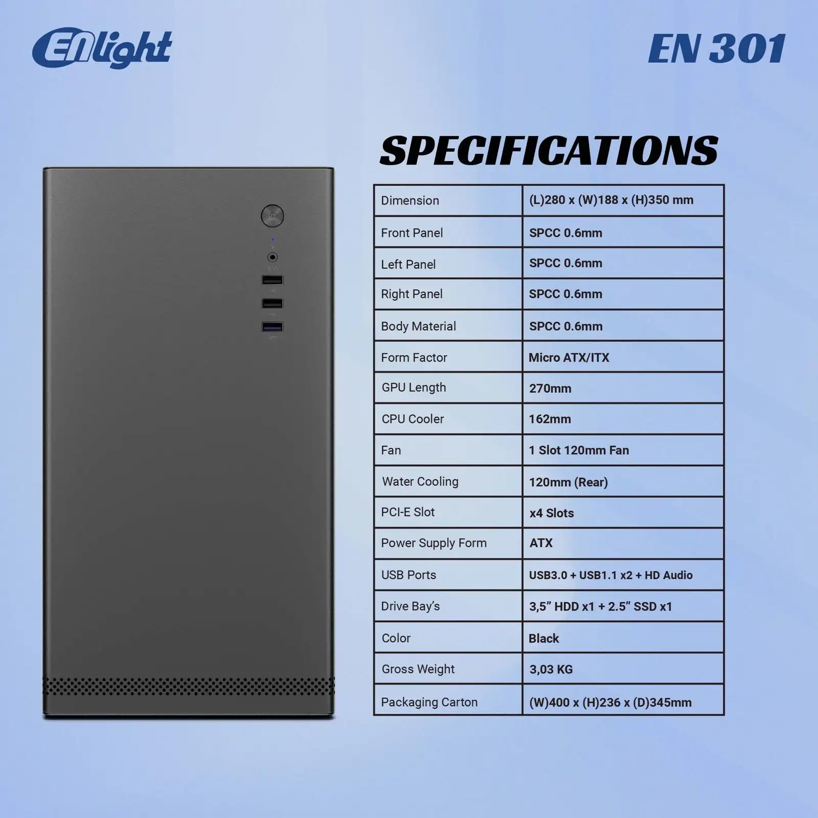 ENLIGHT EN-301 + 300W Black Mid Slim mATX USB3.0