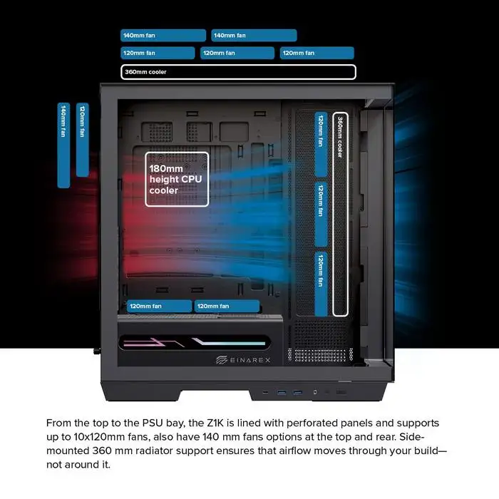 EINAREX Zenith Z1K Black ATX + 4x Fan ARGB Support BTF