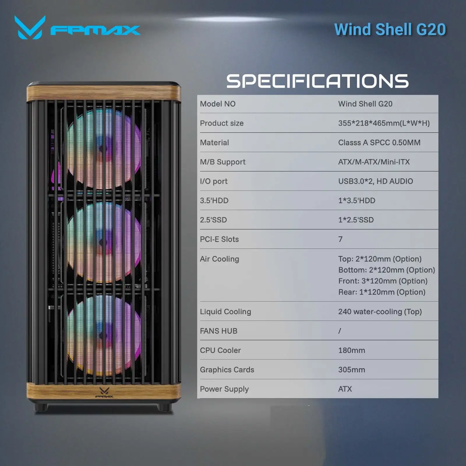 FPMAX Wind Shell G20 Black + Wood + 3 Fan