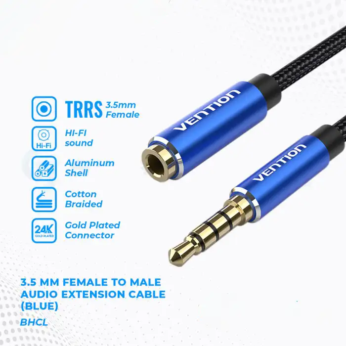 Vention Kabel Aux Audio 3.5mm Extension Cable TRRS Male to Female Braided 0.5m Blue BHCLD