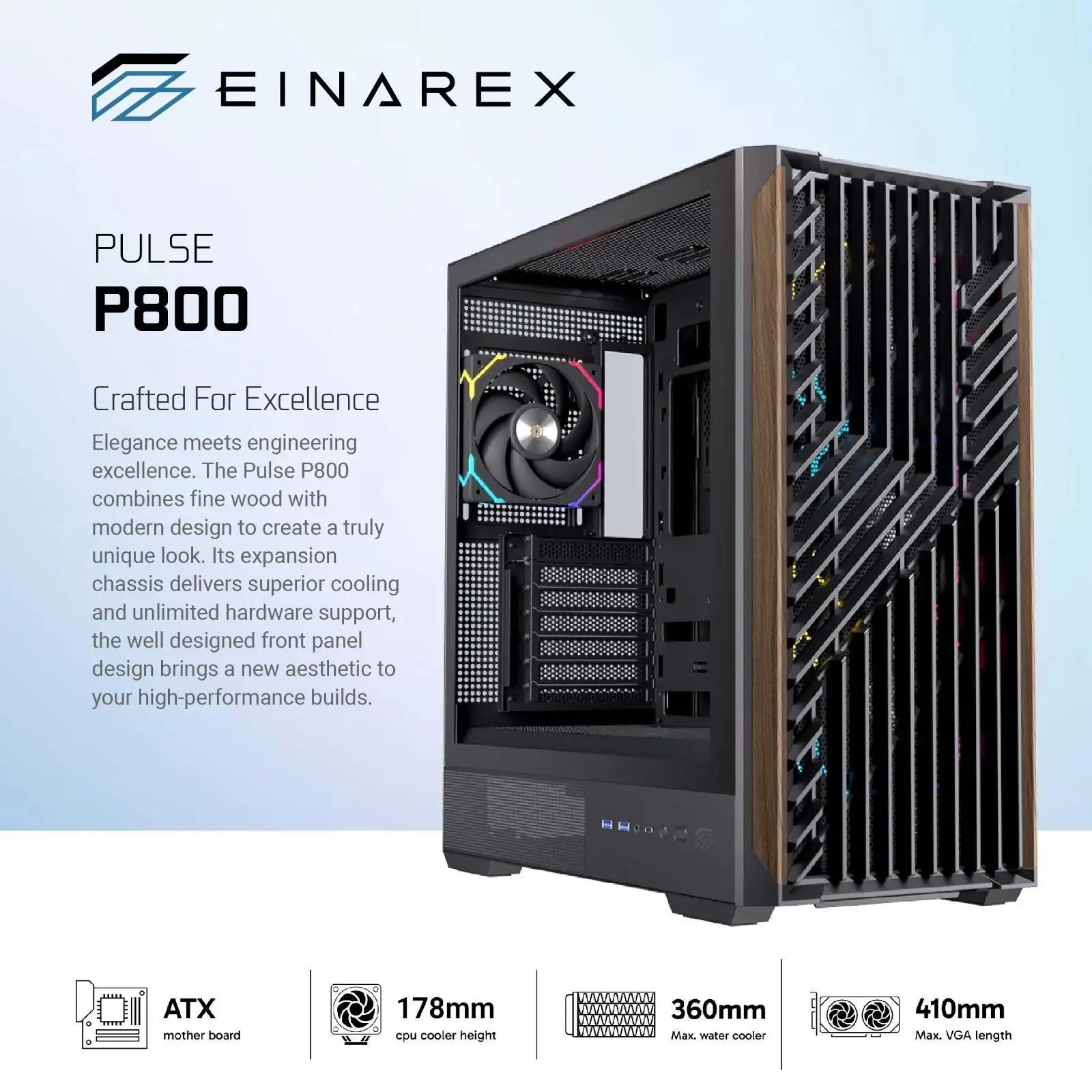 EINAREX Pulse P800 ATX Wood Panel + 4x 12cm ARGB Fan