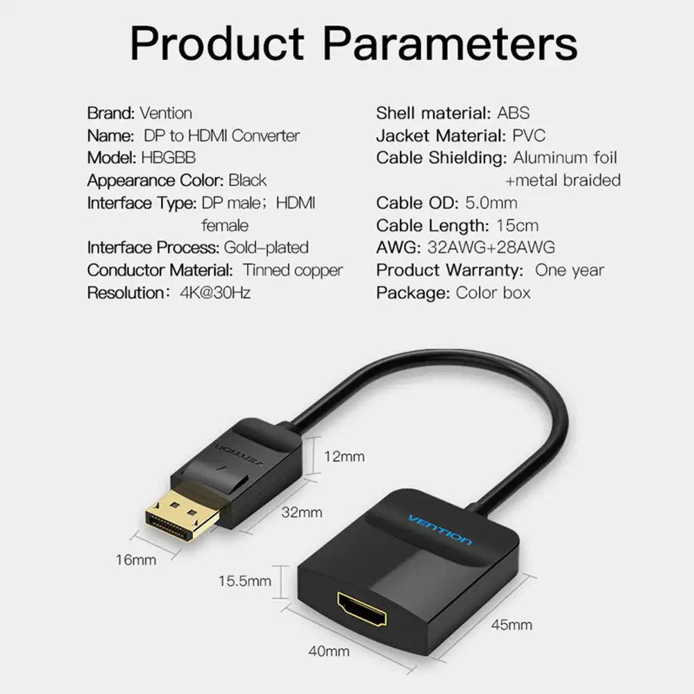 Vention Converter Display Port to HDMI 0.15m Black ( HBGBB )