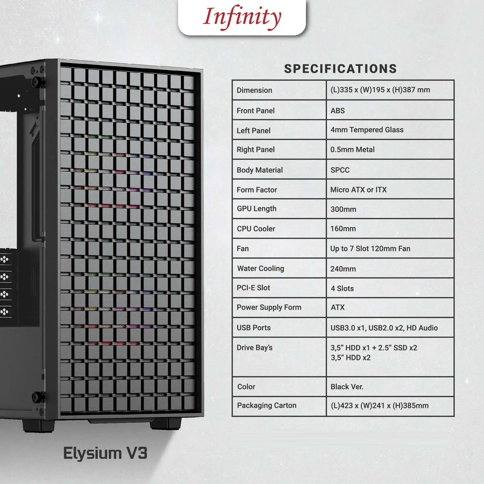 INFINITY ELYSIUM V3 Black + 3 Fan mATX Mesh Case