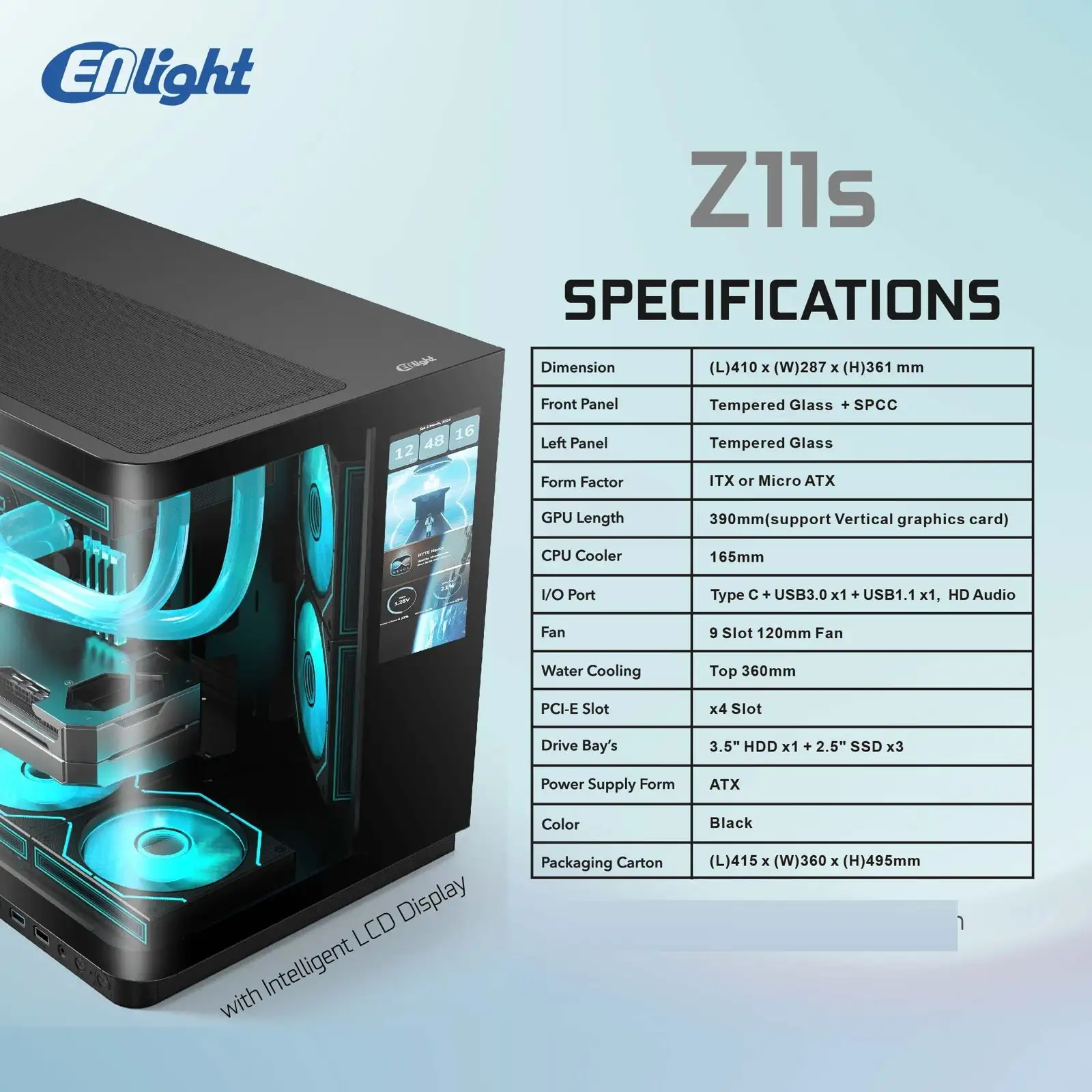 ENLIGHT Z11S LCD Display + 3 Fan Avalone X mATX Curve Temper - Black