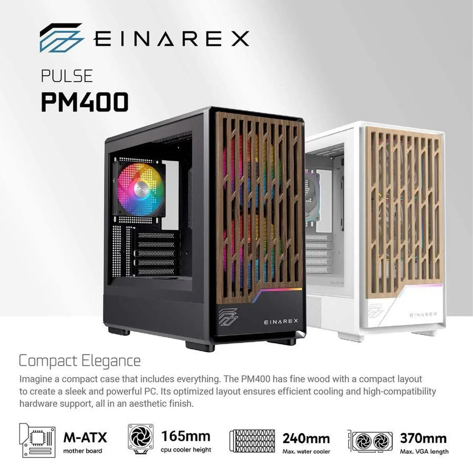 EINAREX Pulse PM400 Black mATX Motif Kayu + 1 Fan + VGA Holder