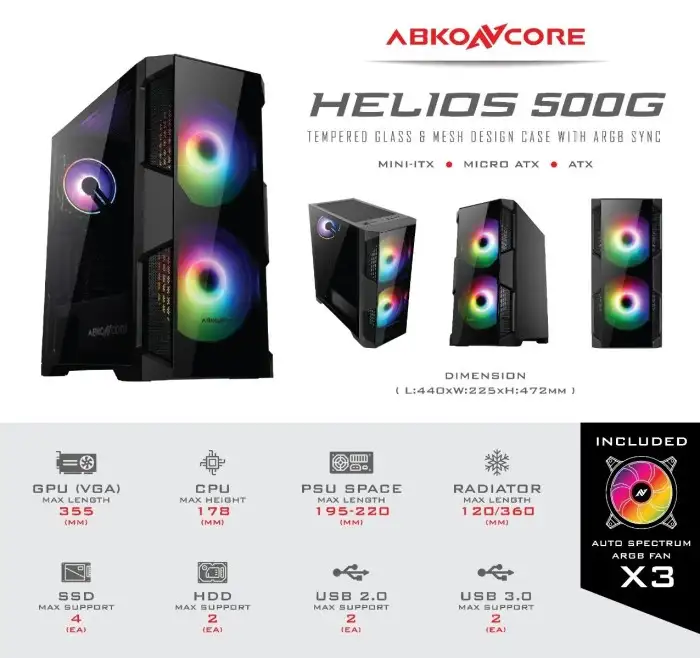 AbkoNcore HELIOS H500G SYNC - ATX Fan 2x20cm + 1x12cm