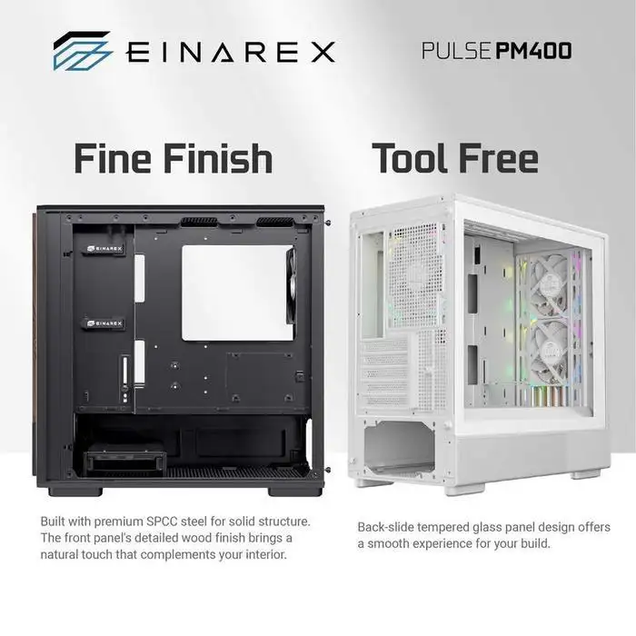 EINAREX Pulse PM400 White mATX Motif Kayu + 1 Fan + VGA Holder