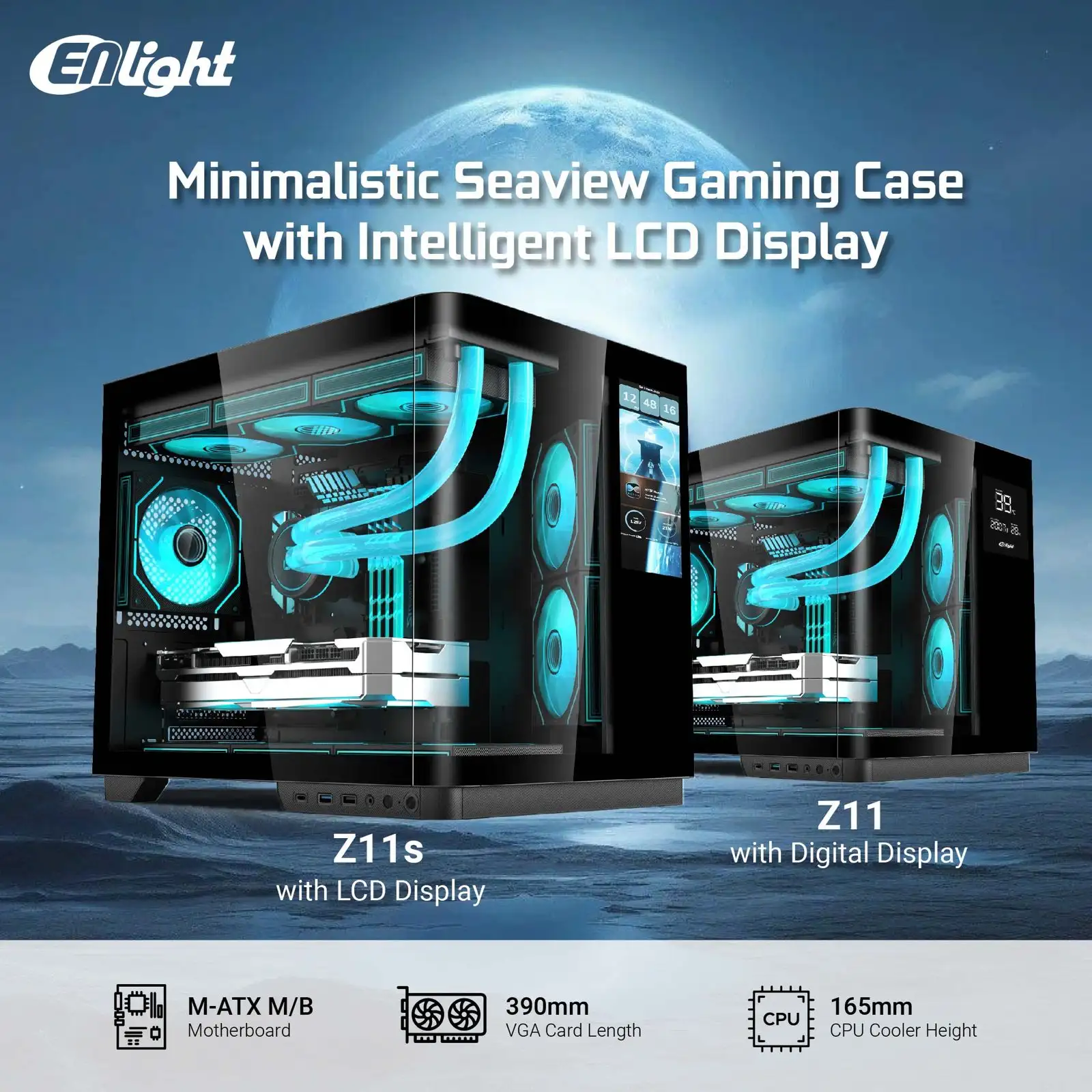 ENLIGHT Z11S LCD Display No Fan mATX Curve Temper - Black