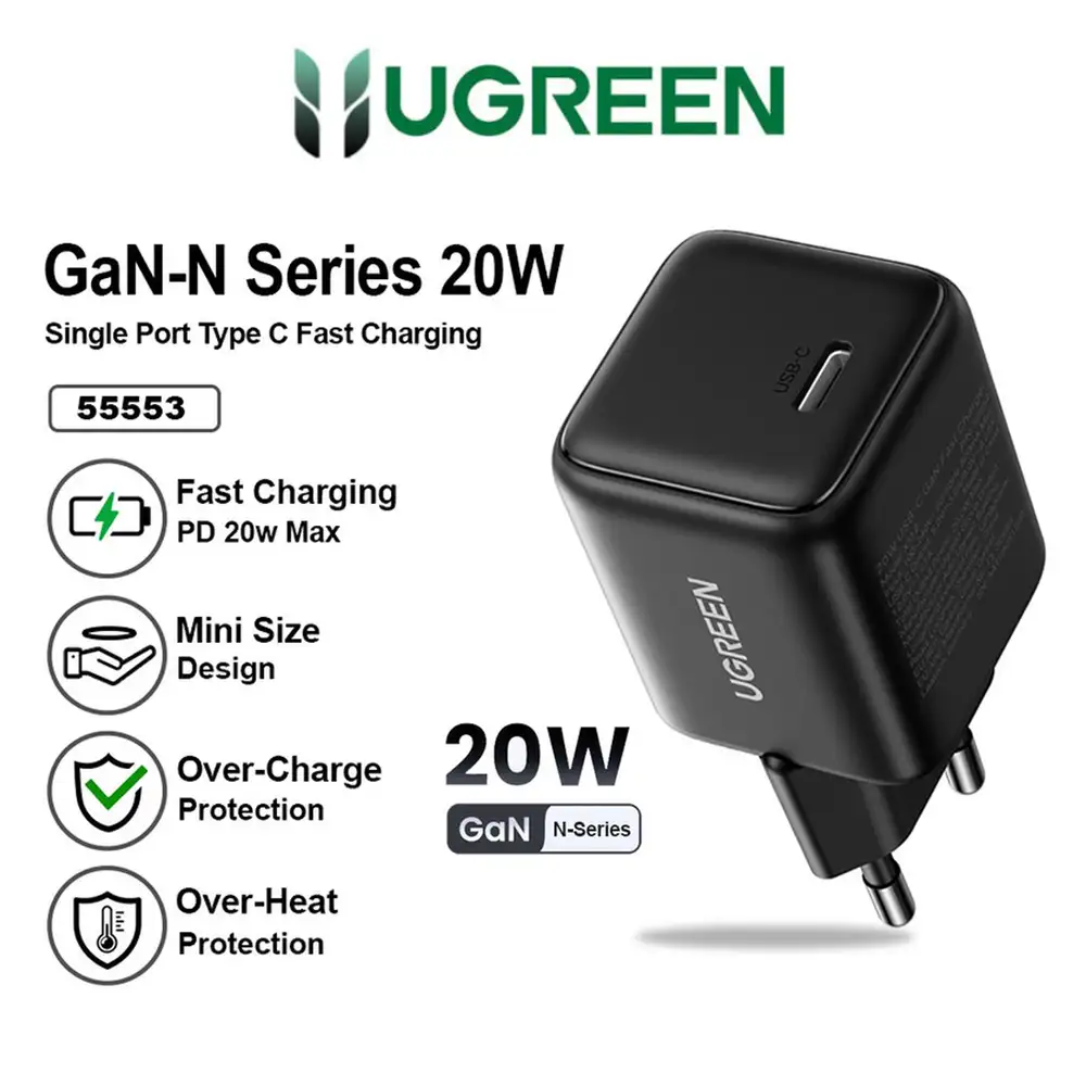 UGREEN CHARGER TYPE C N SERIES GAN 20W BLACK ( 55553 )
