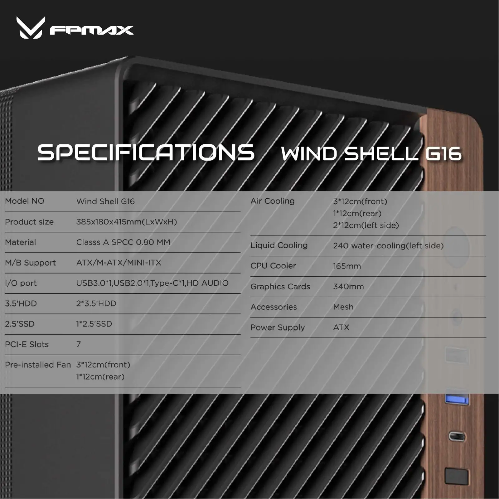 FPMAX Wind Shell G16 USB-C Black + Wood + 1 Fan
