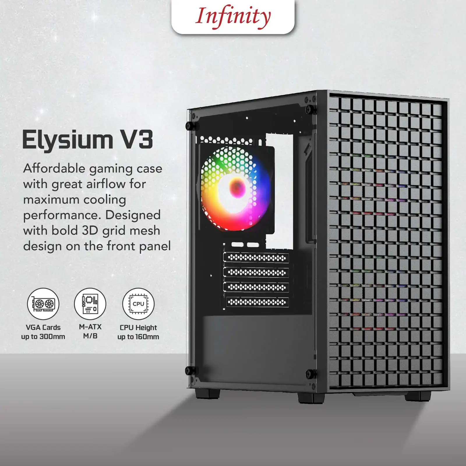INFINITY ELYSIUM V3 Black + 3 Fan mATX Mesh Case