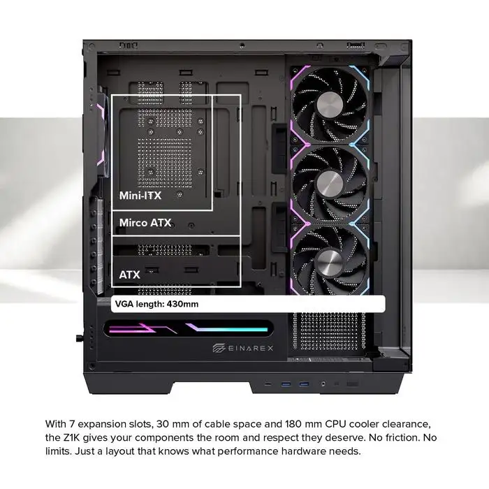 EINAREX Zenith Z1K Black ATX + 4x Fan ARGB Support BTF