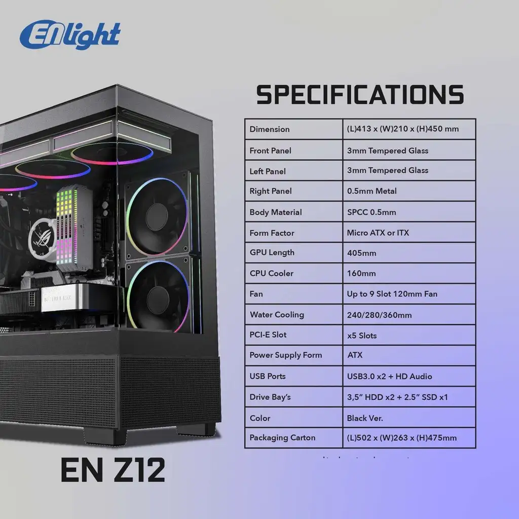 ENLIGHT Z12 + No Fan mATX Seaview Temper - Black