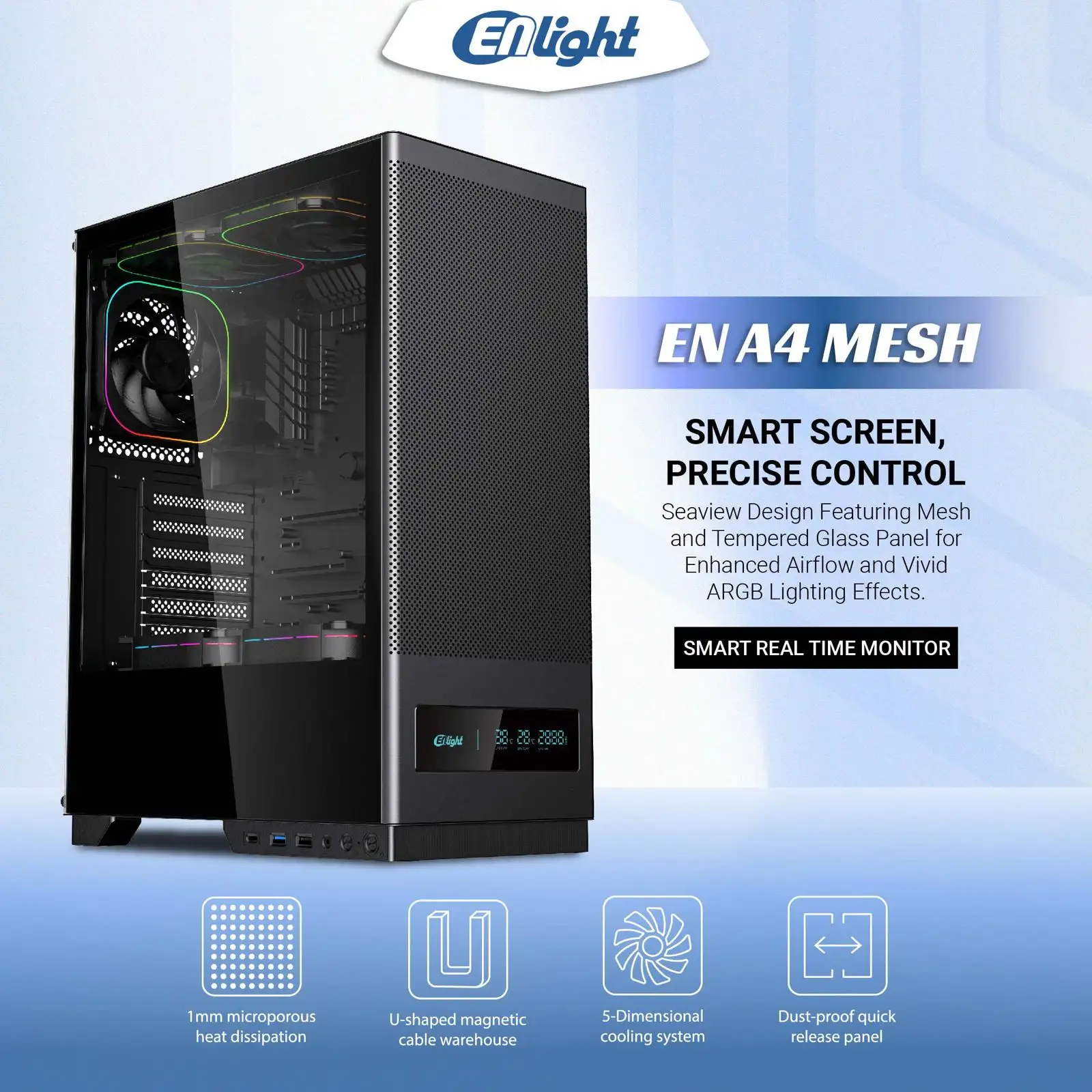 ENLIGHT A4 MESH BLACK ATX + Digital Display + 3 Fan Avalon X / Nova (aRGB)