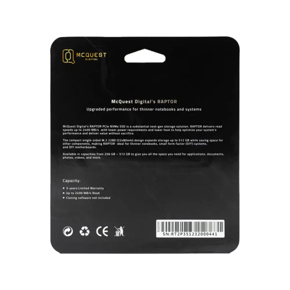 MCQUEST DIGITAL RAPTOR 256GB NVME Gen3 upto 2.400mbps