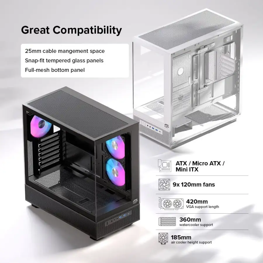 EINAREX Prisma S500 Black ATX Type-C 2x 12cm Reverse + 1x12cm ARGB Fan