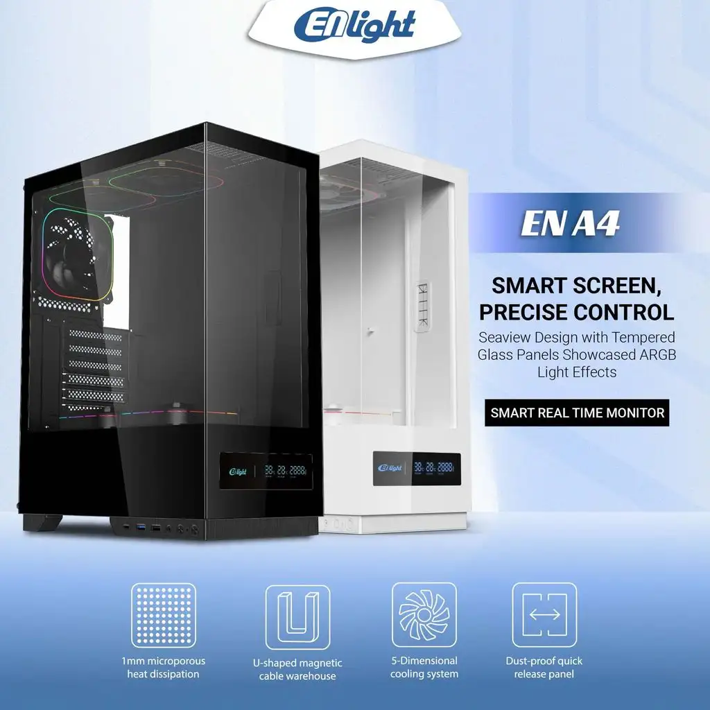 ENLIGHT A4 TEMPER WHITE ATX + Digital Display + 3 Fan F124 (Fix RGB)