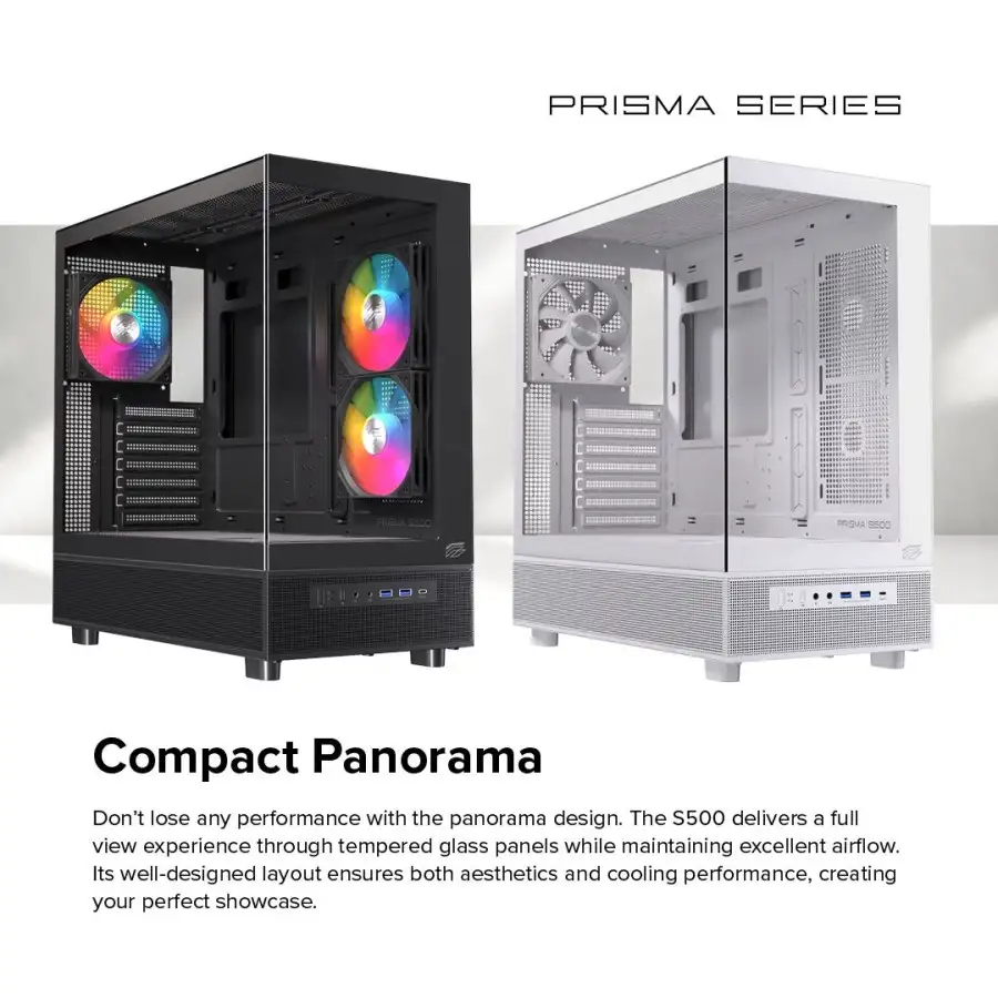 EINAREX Prisma S500 Black ATX Type-C 2x 12cm Reverse + 1x12cm ARGB Fan