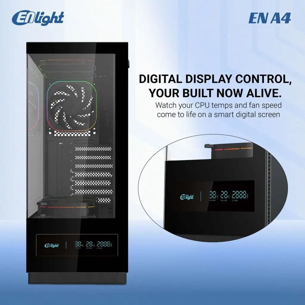 ENLIGHT A4 TEMPER WHITE ATX + Digital Display + 3 Fan F124 (Fix RGB)