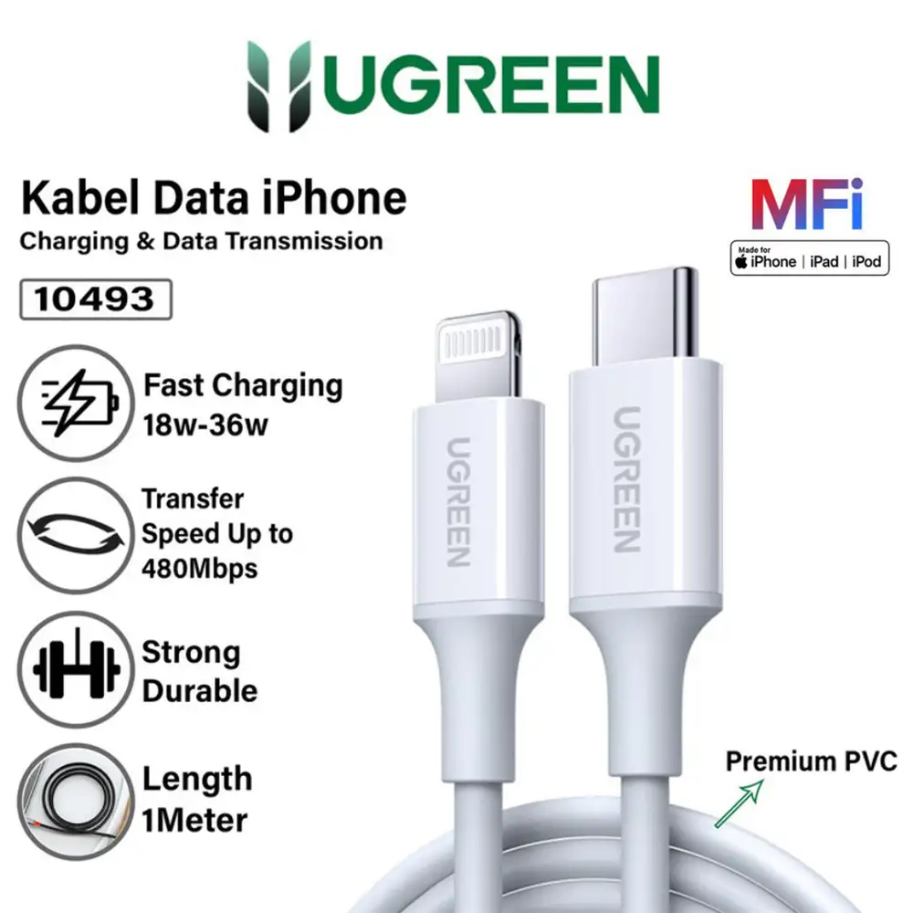 UGREEN CABLE USB -C TO LIGHTNING MFI 1M WHITE ( 10493 )